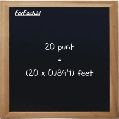 How to convert punt to feet: 20 punt (pnt) is equivalent to 20 times 0.1894 feet (ft)