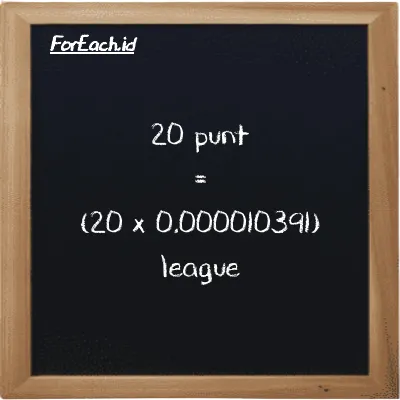 How to convert punt to league: 20 punt (pnt) is equivalent to 20 times 0.000010391 league (lg)