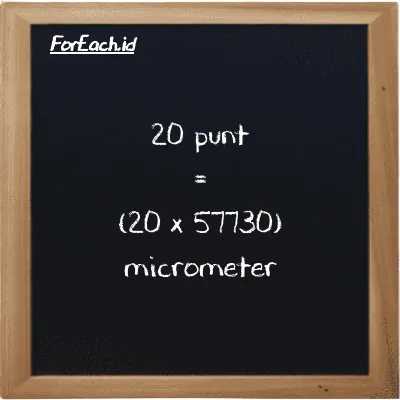 How to convert punt to micrometer: 20 punt (pnt) is equivalent to 20 times 57730 micrometer (µm)