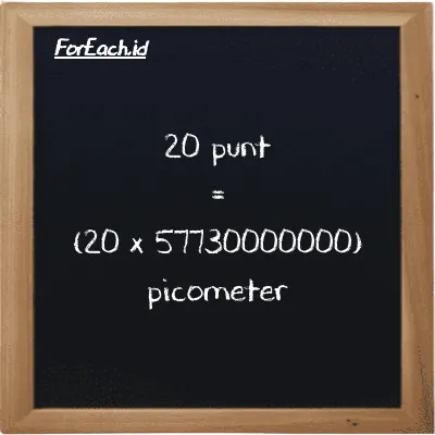 How to convert punt to picometer: 20 punt (pnt) is equivalent to 20 times 57730000000 picometer (pm)