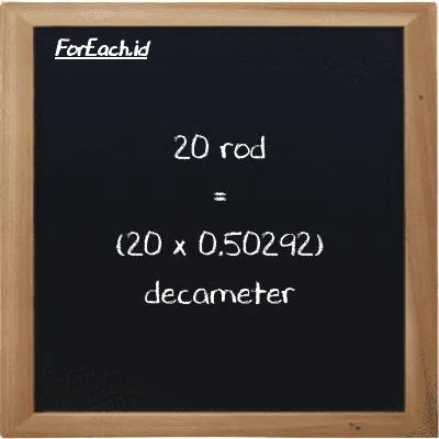How to convert rod to decameter: 20 rod (rd) is equivalent to 20 times 0.50292 decameter (dam)