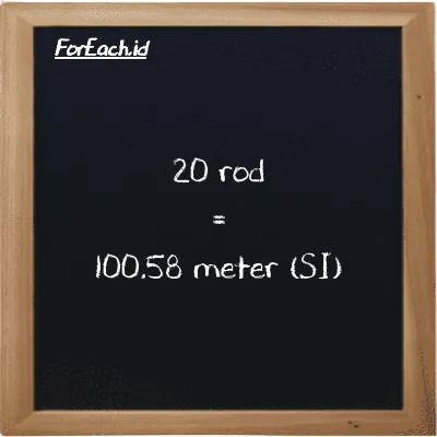 20 rod is equivalent to 100.58 meter (20 rd is equivalent to 100.58 m)