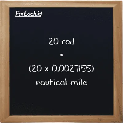 How to convert rod to nautical mile: 20 rod (rd) is equivalent to 20 times 0.0027155 nautical mile (nmi)