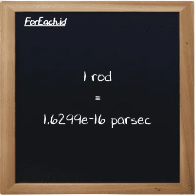 1 rod is equivalent to 1.6299e-16 parsec (1 rd is equivalent to 1.6299e-16 pc)