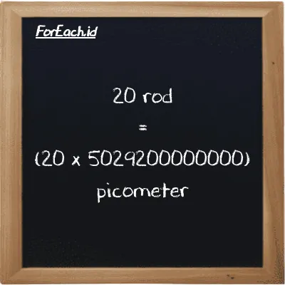 How to convert rod to picometer: 20 rod (rd) is equivalent to 20 times 5029200000000 picometer (pm)