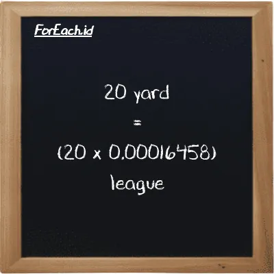 How to convert yard to league: 20 yard (yd) is equivalent to 20 times 0.00016458 league (lg)