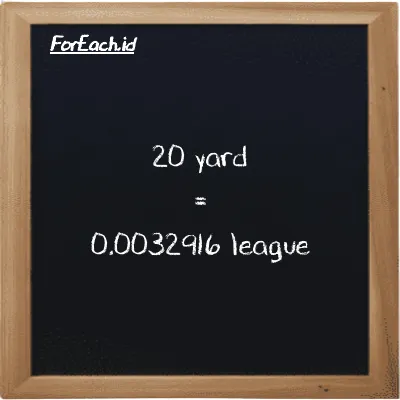 20 yard is equivalent to 0.0032916 league (20 yd is equivalent to 0.0032916 lg)