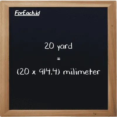 How to convert yard to millimeter: 20 yard (yd) is equivalent to 20 times 914.4 millimeter (mm)