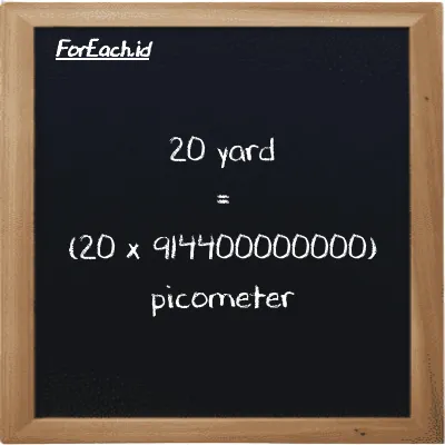 How to convert yard to picometer: 20 yard (yd) is equivalent to 20 times 914400000000 picometer (pm)