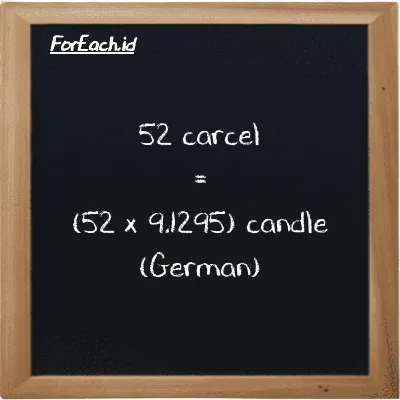 How to convert carcel to candle (German): 52 carcel (car) is equivalent to 52 times 9.1295 candle (German) (ger cd)