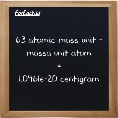 63 atomic mass unit is equivalent to 1.0461e-20 centigram (63 amu is equivalent to 1.0461e-20 cg)