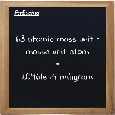 63 atomic mass unit is equivalent to 1.0461e-19 milligram (63 amu is equivalent to 1.0461e-19 mg)