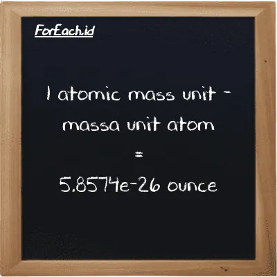 1 atomic mass unit is equivalent to 5.8574e-26 ounce (1 amu is equivalent to 5.8574e-26 oz)