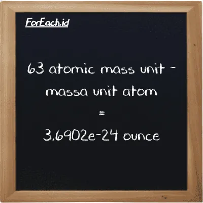 63 atomic mass unit is equivalent to 3.6902e-24 ounce (63 amu is equivalent to 3.6902e-24 oz)