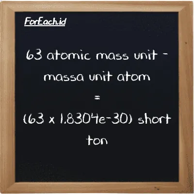 How to convert atomic mass unit to short ton: 63 atomic mass unit (amu) is equivalent to 63 times 1.8304e-30 short ton (ST)