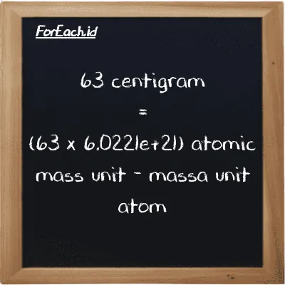 How to convert centigram to atomic mass unit: 63 centigram (cg) is equivalent to 63 times 6.0221e+21 atomic mass unit (amu)