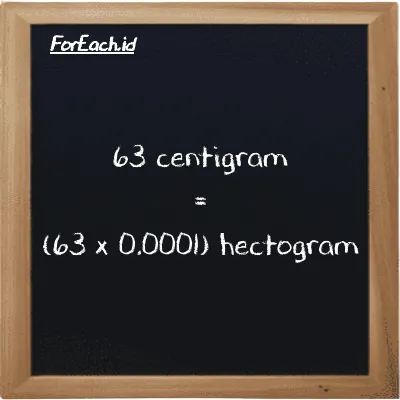 How to convert centigram to hectogram: 63 centigram (cg) is equivalent to 63 times 0.0001 hectogram (hg)