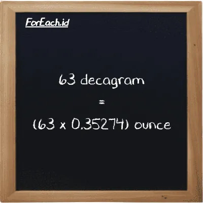 How to convert decagram to ounce: 63 decagram (dag) is equivalent to 63 times 0.35274 ounce (oz)