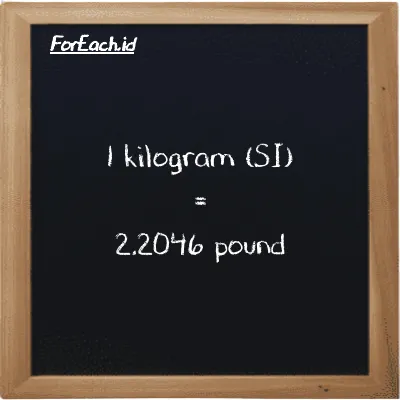 1 kilogram is equivalent to 2.2046 pound (1 kg is equivalent to 2.2046 lb)