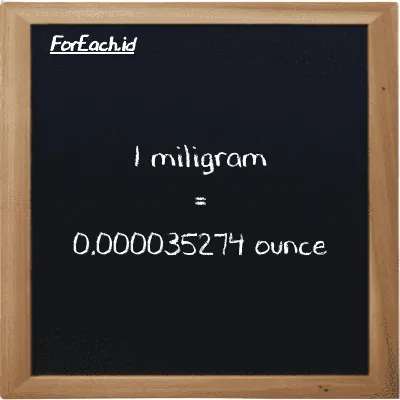 1 milligram is equivalent to 0.000035274 ounce (1 mg is equivalent to 0.000035274 oz)