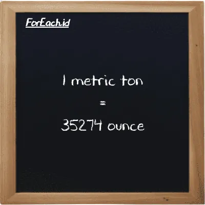1 metric ton is equivalent to 35274 ounce (1 MT is equivalent to 35274 oz)