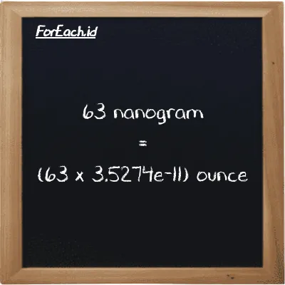 How to convert nanogram to ounce: 63 nanogram (ng) is equivalent to 63 times 3.5274e-11 ounce (oz)