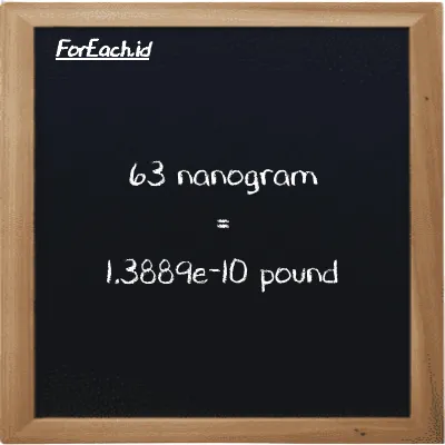 63 nanogram is equivalent to 1.3889e-10 pound (63 ng is equivalent to 1.3889e-10 lb)