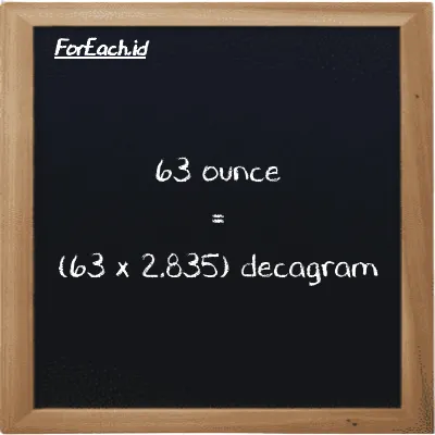 How to convert ounce to decagram: 63 ounce (oz) is equivalent to 63 times 2.835 decagram (dag)