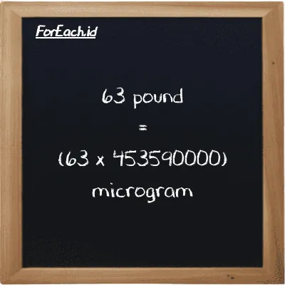 How to convert pound to microgram: 63 pound (lb) is equivalent to 63 times 453590000 microgram (µg)