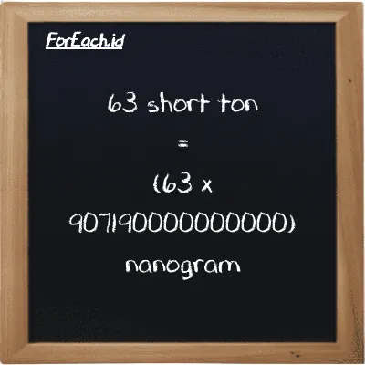 How to convert short ton to nanogram: 63 short ton (ST) is equivalent to 63 times 907190000000000 nanogram (ng)