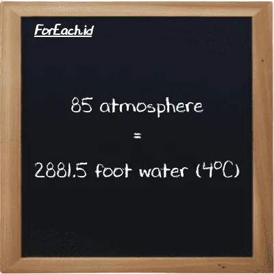 85 atmosphere is equivalent to 2881.5 foot water (4<sup>o</sup>C) (85 atm is equivalent to 2881.5 ftH2O)