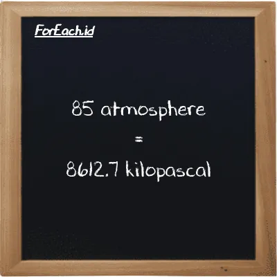 85 atmosphere is equivalent to 8612.7 kilopascal (85 atm is equivalent to 8612.7 kPa)