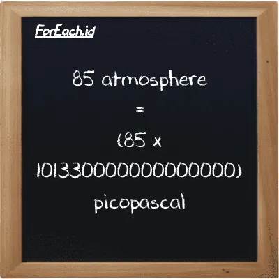 How to convert atmosphere to picopascal: 85 atmosphere (atm) is equivalent to 85 times 101330000000000000 picopascal (pPa)