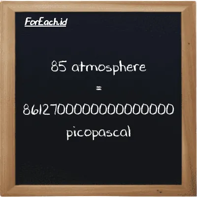 85 atmosphere is equivalent to 8612700000000000000 picopascal (85 atm is equivalent to 8612700000000000000 pPa)