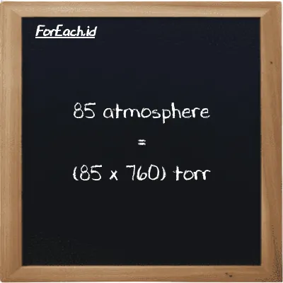 How to convert atmosphere to torr: 85 atmosphere (atm) is equivalent to 85 times 760 torr (torr)