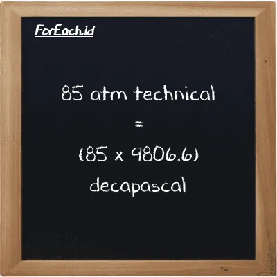 How to convert atm technical to decapascal: 85 atm technical (at) is equivalent to 85 times 9806.6 decapascal (daPa)