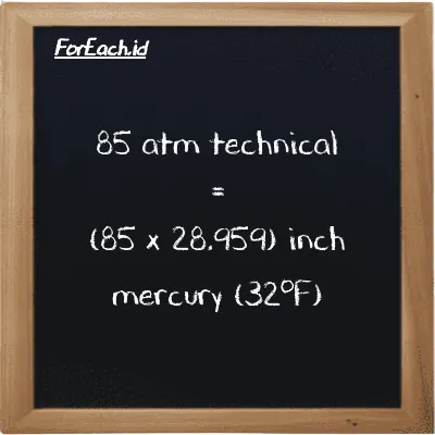 How to convert atm technical to inch mercury (32<sup>o</sup>F): 85 atm technical (at) is equivalent to 85 times 28.959 inch mercury (32<sup>o</sup>F) (inHg)