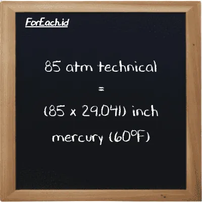 How to convert atm technical to inch mercury (60<sup>o</sup>F): 85 atm technical (at) is equivalent to 85 times 29.041 inch mercury (60<sup>o</sup>F) (inHg)