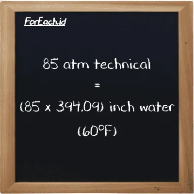 How to convert atm technical to inch water (60<sup>o</sup>F): 85 atm technical (at) is equivalent to 85 times 394.09 inch water (60<sup>o</sup>F) (inH20)