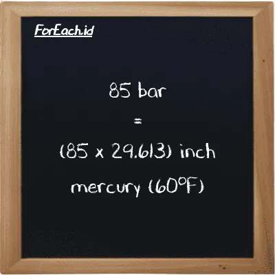How to convert bar to inch mercury (60<sup>o</sup>F): 85 bar (bar) is equivalent to 85 times 29.613 inch mercury (60<sup>o</sup>F) (inHg)