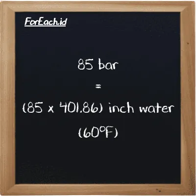 How to convert bar to inch water (60<sup>o</sup>F): 85 bar (bar) is equivalent to 85 times 401.86 inch water (60<sup>o</sup>F) (inH20)