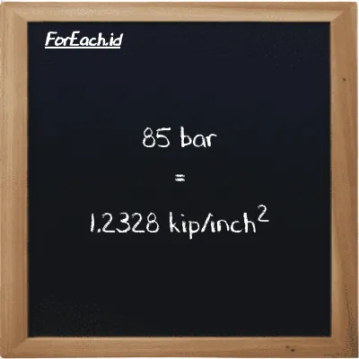 How to convert bar to kip/inch<sup>2</sup>: 85 bar (bar) is equivalent to 85 times 0.014504 kip/inch<sup>2</sup> (ksi)