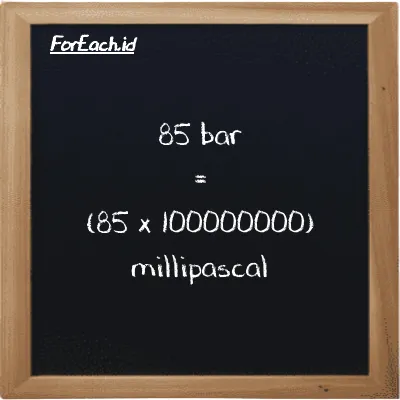 How to convert bar to millipascal: 85 bar (bar) is equivalent to 85 times 100000000 millipascal (mPa)