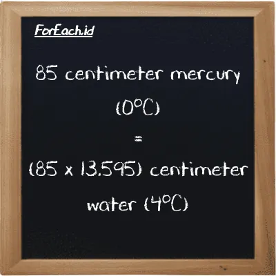 How to convert centimeter mercury (0<sup>o</sup>C) to centimeter water (4<sup>o</sup>C): 85 centimeter mercury (0<sup>o</sup>C) (cmHg) is equivalent to 85 times 13.595 centimeter water (4<sup>o</sup>C) (cmH2O)