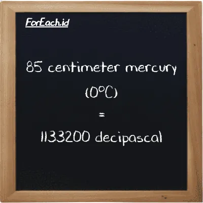 How to convert centimeter mercury (0<sup>o</sup>C) to decipascal: 85 centimeter mercury (0<sup>o</sup>C) (cmHg) is equivalent to 85 times 13332 decipascal (dPa)