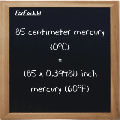 How to convert centimeter mercury (0<sup>o</sup>C) to inch mercury (60<sup>o</sup>F): 85 centimeter mercury (0<sup>o</sup>C) (cmHg) is equivalent to 85 times 0.39481 inch mercury (60<sup>o</sup>F) (inHg)