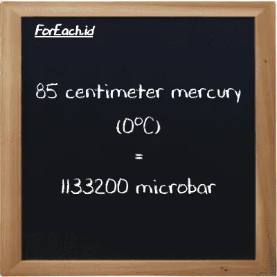 How to convert centimeter mercury (0<sup>o</sup>C) to microbar: 85 centimeter mercury (0<sup>o</sup>C) (cmHg) is equivalent to 85 times 13332 microbar (µbar)