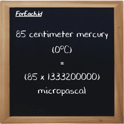How to convert centimeter mercury (0<sup>o</sup>C) to micropascal: 85 centimeter mercury (0<sup>o</sup>C) (cmHg) is equivalent to 85 times 1333200000 micropascal (µPa)