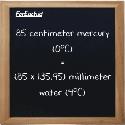 How to convert centimeter mercury (0<sup>o</sup>C) to millimeter water (4<sup>o</sup>C): 85 centimeter mercury (0<sup>o</sup>C) (cmHg) is equivalent to 85 times 135.95 millimeter water (4<sup>o</sup>C) (mmH2O)