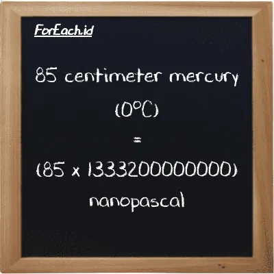 How to convert centimeter mercury (0<sup>o</sup>C) to nanopascal: 85 centimeter mercury (0<sup>o</sup>C) (cmHg) is equivalent to 85 times 1333200000000 nanopascal (nPa)